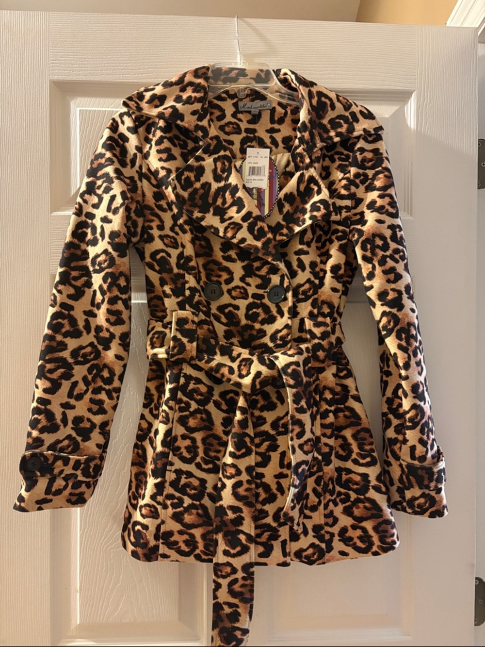 Leopard Print Belted Pea Coat - Black & Tan